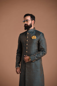 Traditional Handcrafted Booti Pattern Brocade Silk Sherwani Achkan for Men |Dark Green| Functions wear | Perfect for Family Weddings & Grooms