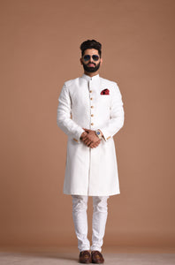 Dazzling Pearl White Cotton Jacquard Sherwani/ Achkan for Men |Traditional Wedding Style wear | Perfect for Family Weddings | Groom Wear