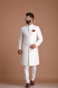 Dazzling Pearl White Cotton Jacquard Sherwani/ Achkan for Men |Traditional Wedding Style wear | Perfect for Family Weddings | Groom Wear