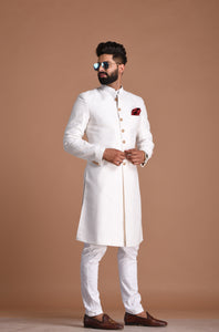 Dazzling Pearl White Cotton Jacquard Sherwani/ Achkan for Men |Traditional Wedding Style wear | Perfect for Family Weddings | Groom Wear