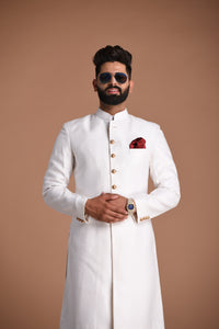 Dazzling Pearl White Cotton Jacquard Sherwani/ Achkan for Men |Traditional Wedding Style wear | Perfect for Family Weddings | Groom Wear