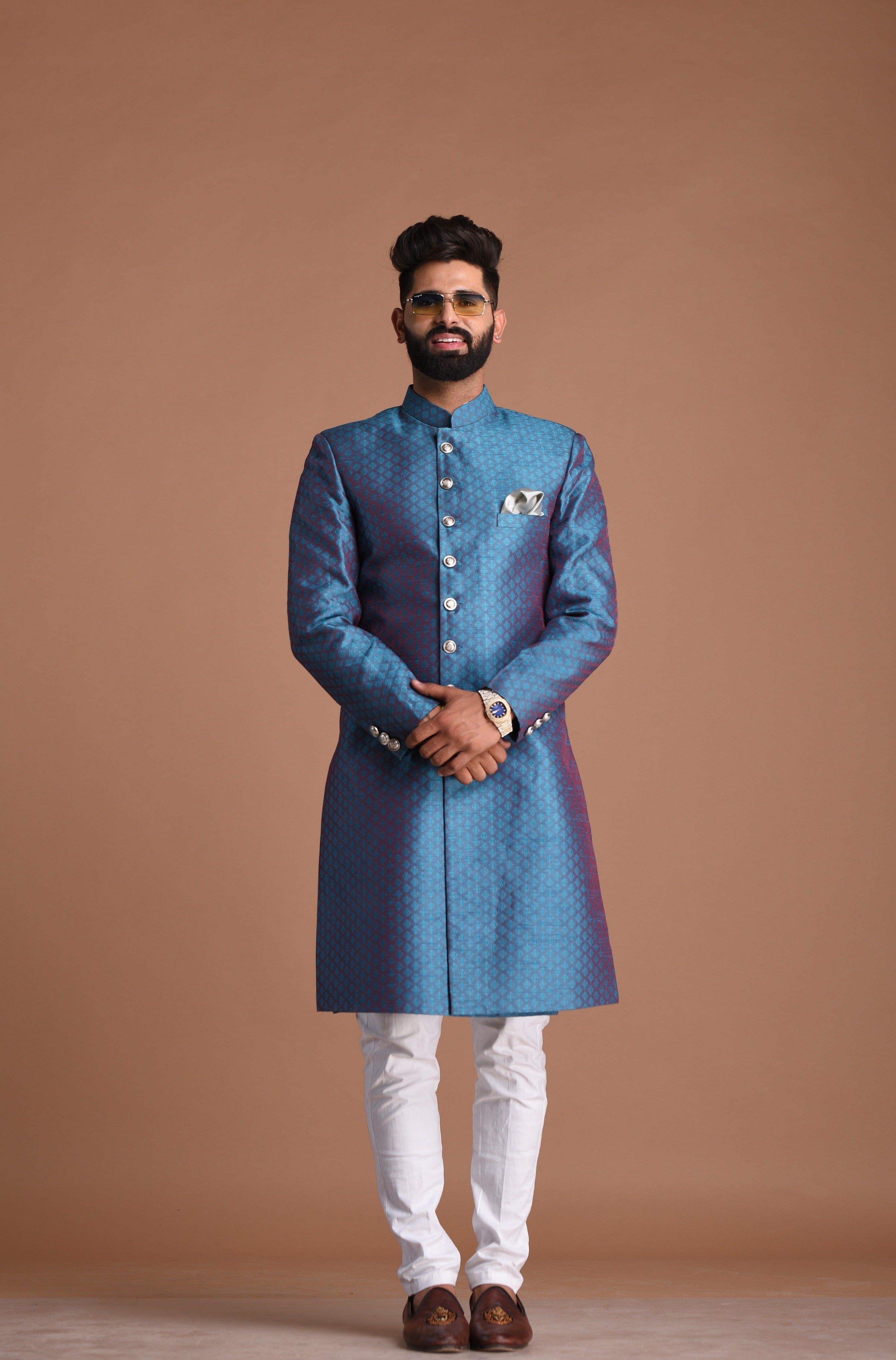 Traditional Hand-crafted Royal Blue Banarasi Brocade Sherwani/Achkan for Men | Family Weddings & Grooms | Traditional Indian and Pakistani Dress