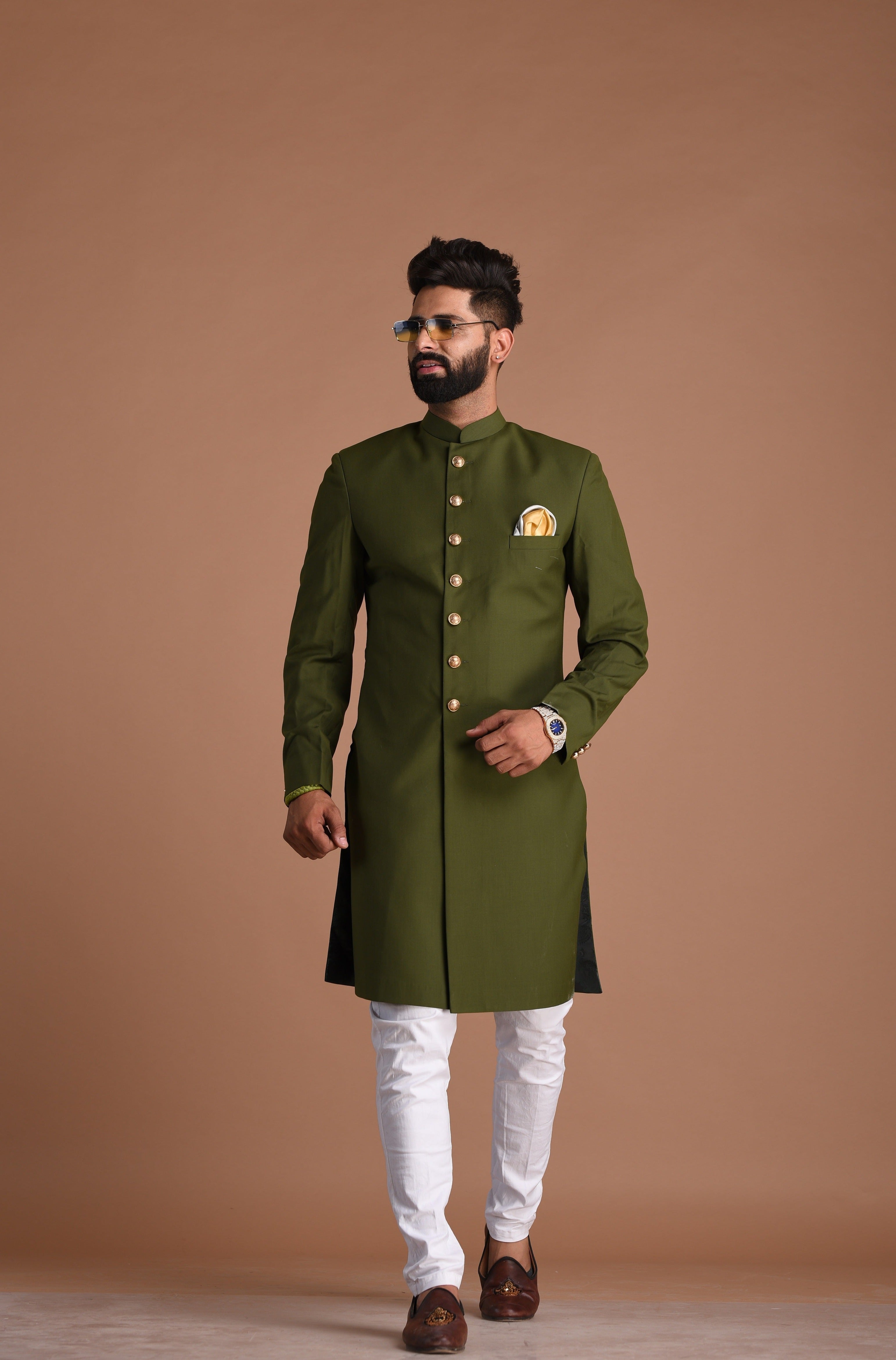 Alluring Solid Green Silk Sherwani Achkan for Men | Mehndi Color | Formal Kurta Style wear | Perfect for Family Weddings & Grooms | Elite Styling