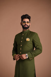 Alluring Solid Green Silk Sherwani Achkan for Men | Mehndi Color | Formal Kurta Style wear | Perfect for Family Weddings & Grooms | Elite Styling