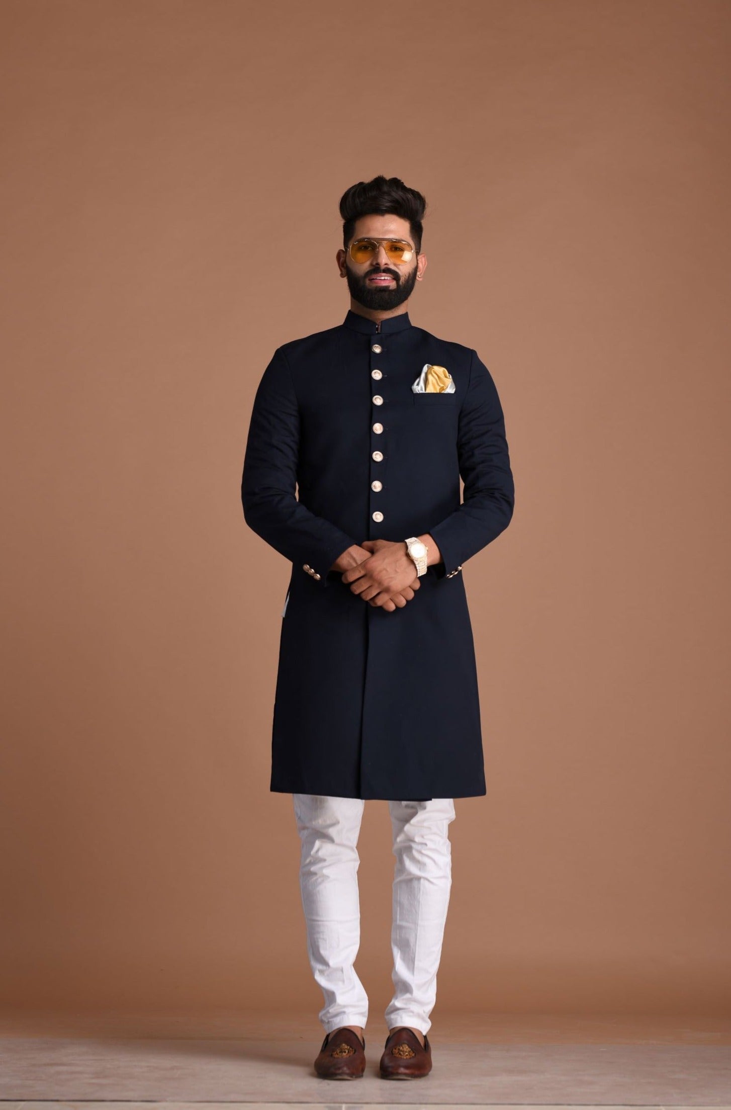 Traditional Hand-crafted Navy Blue Sherwani/ Achkan for Men | Terry Rayon|Formal Kurta Style wear | Perfect for Family Weddings & Grooms