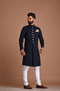 Traditional Hand-crafted Navy Blue Sherwani/ Achkan for Men | Terry Rayon|Formal Kurta Style wear | Perfect for Family Weddings & Grooms