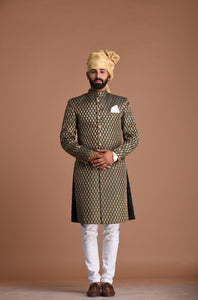 Traditional Handmade Booti Pattern Brocade Silk Sherwani Achkan for Men | Dark Green Color | Functions wear | Perfect for Family Weddings & Grooms