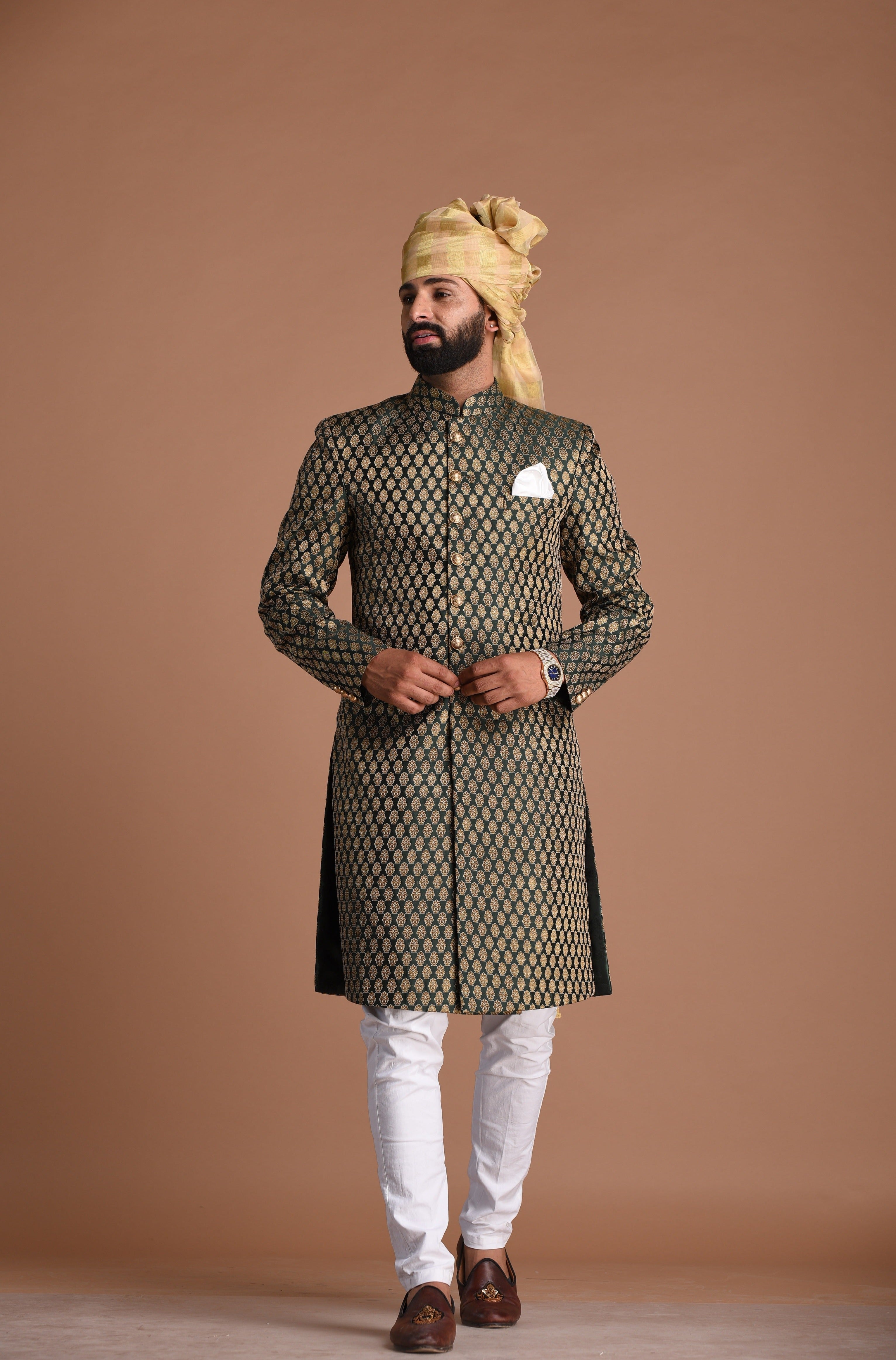 Traditional Handmade Booti Pattern Brocade Silk Sherwani Achkan for Men | Dark Green Color | Functions wear | Perfect for Family Weddings & Grooms