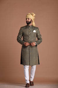Traditional Handmade Booti Pattern Brocade Silk Sherwani Achkan for Men | Dark Green Color | Functions wear | Perfect for Family Weddings & Grooms