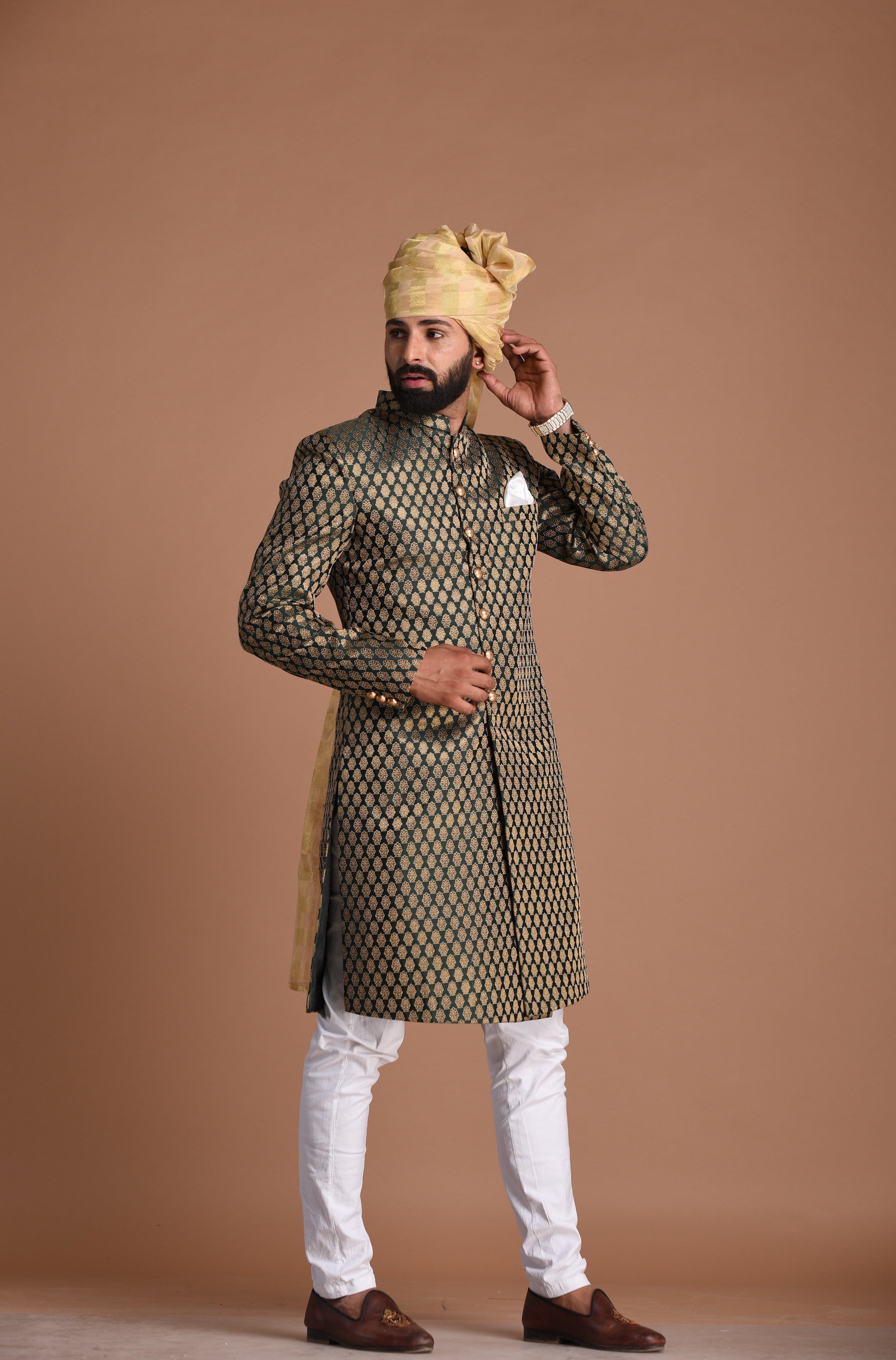 Traditional Handmade Booti Pattern Brocade Silk Sherwani Achkan for Men | Dark Green Color | Functions wear | Perfect for Family Weddings & Grooms