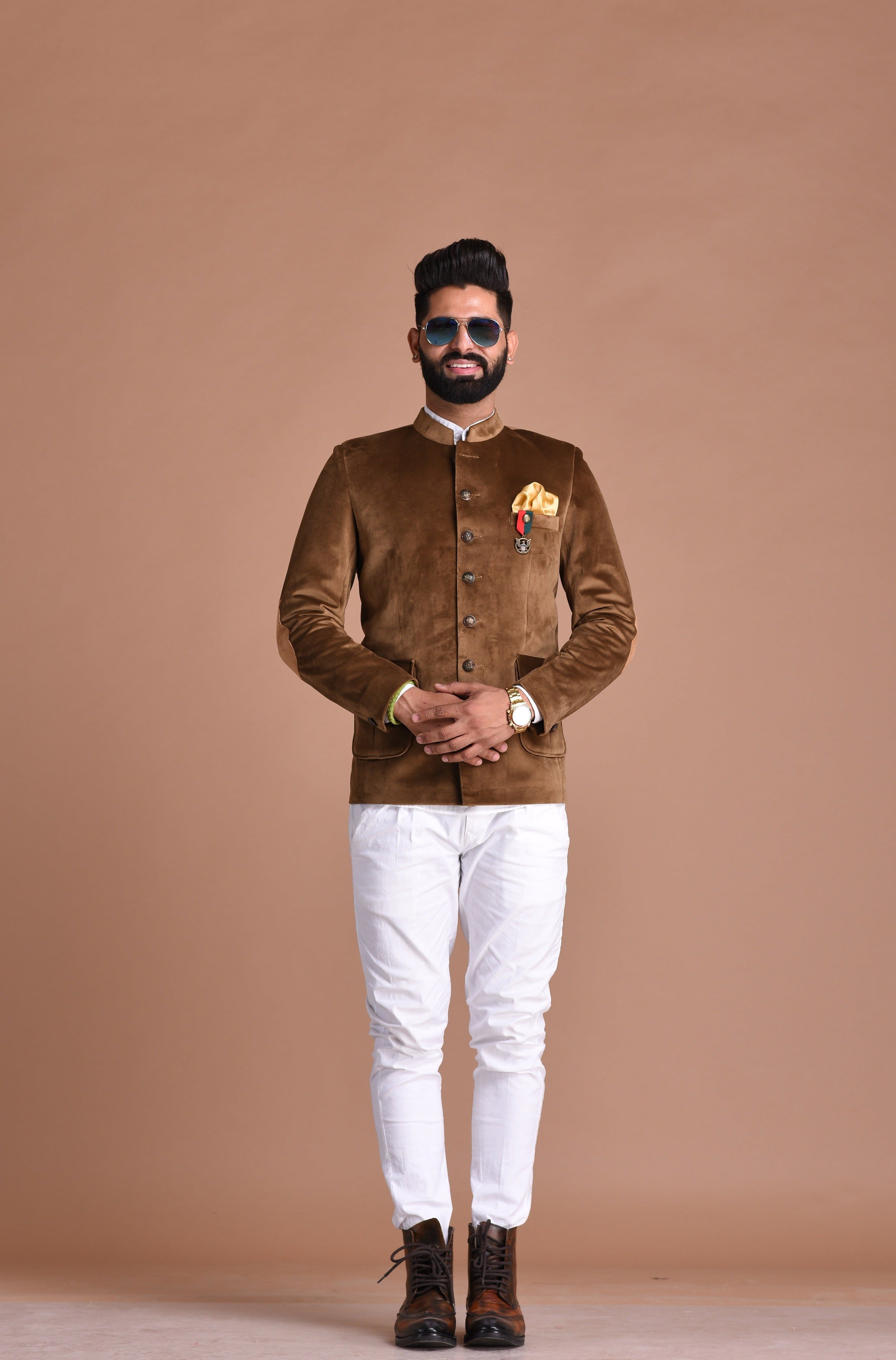 Dark Brown Color Velvet Bandhgala Blazer with White Trouser