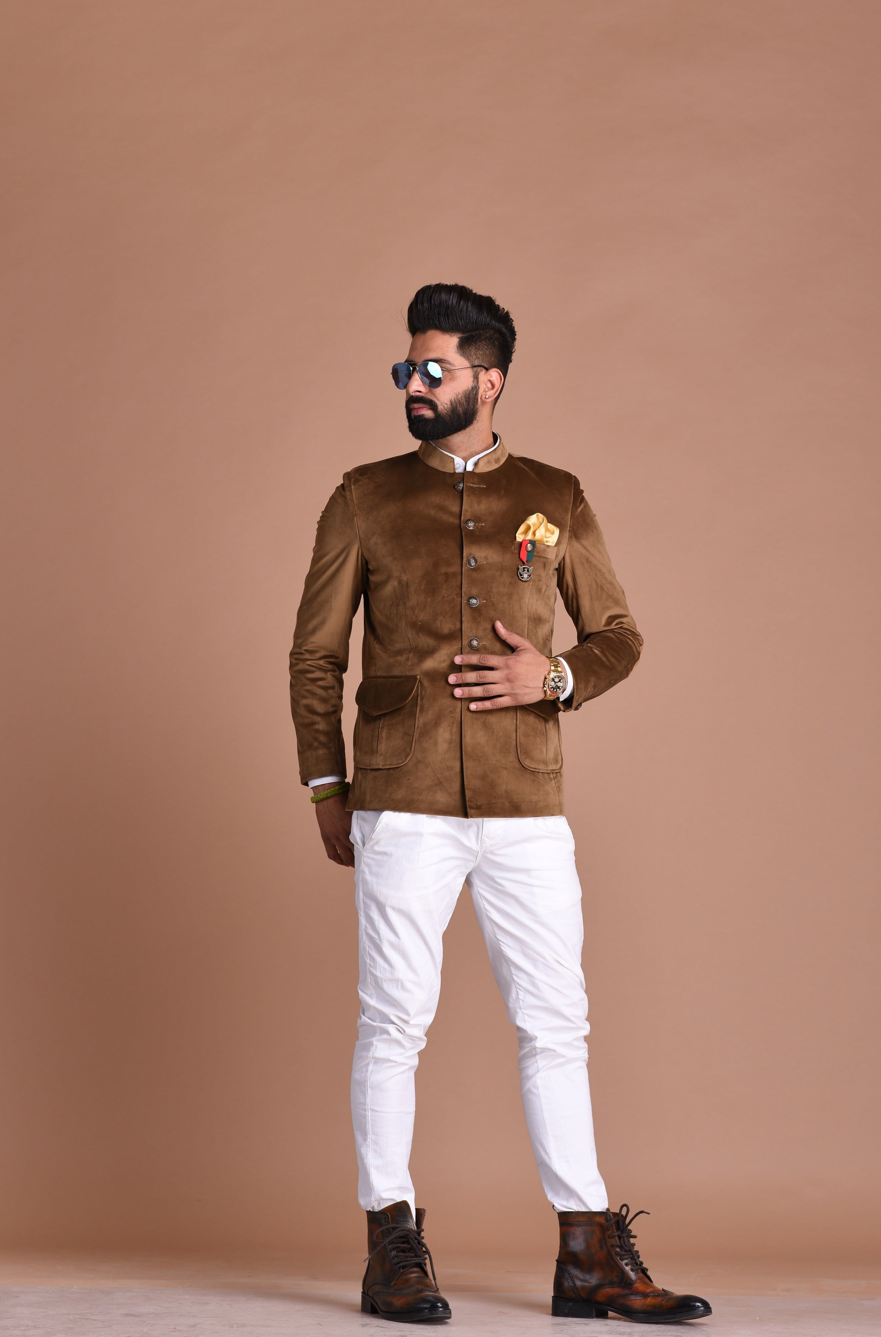 Dark Brown Color Velvet Bandhgala Blazer with White Trouser