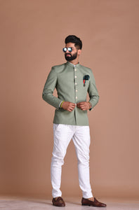 Alluring Moss Green Designer Jodhpuri Bandhgala with White Trouser | Wedding Functions | Perfect for formal Party Wear