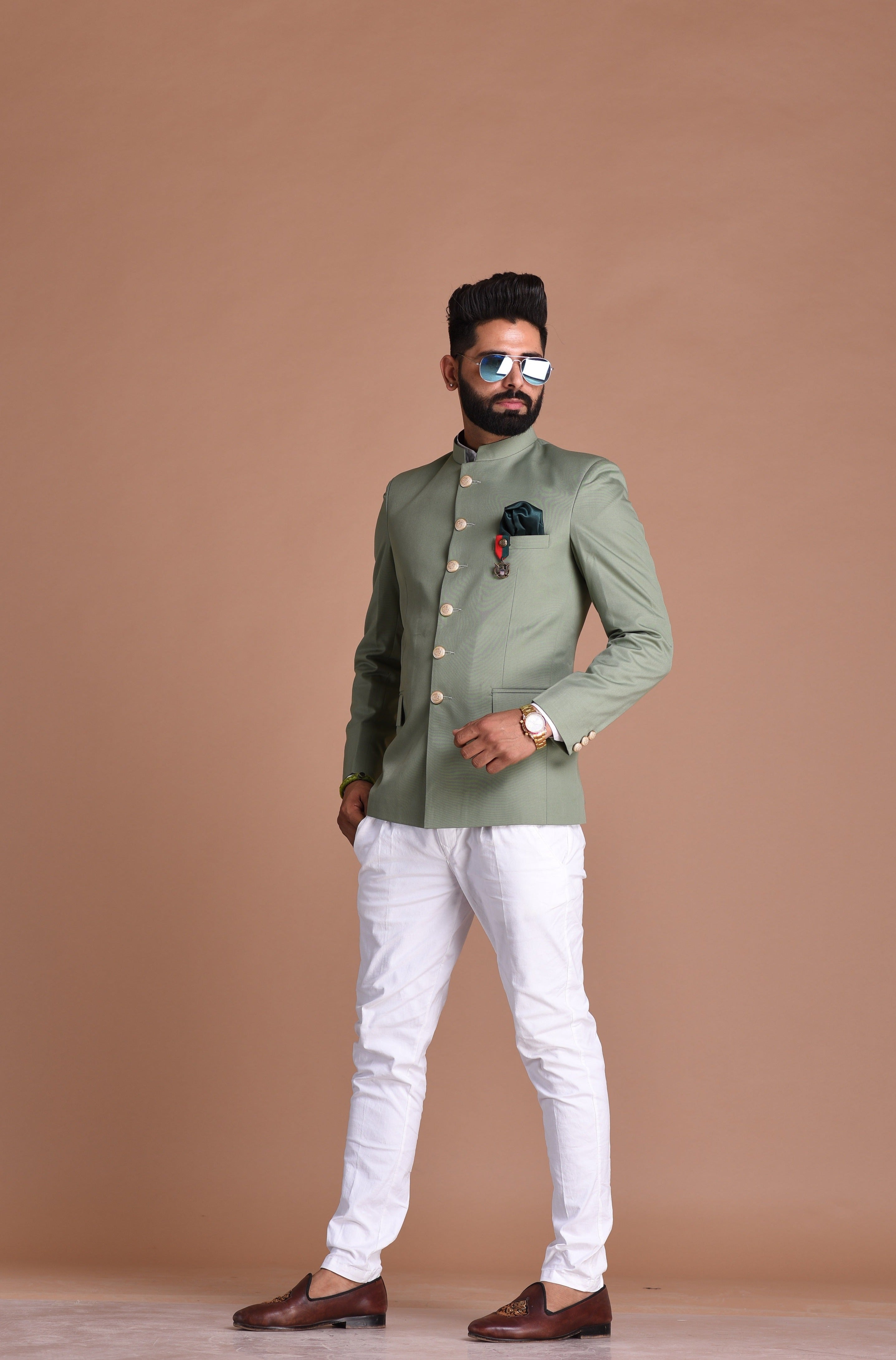 Alluring Moss Green Designer Jodhpuri Bandhgala with White Trouser | Wedding Functions | Perfect for formal Party Wear