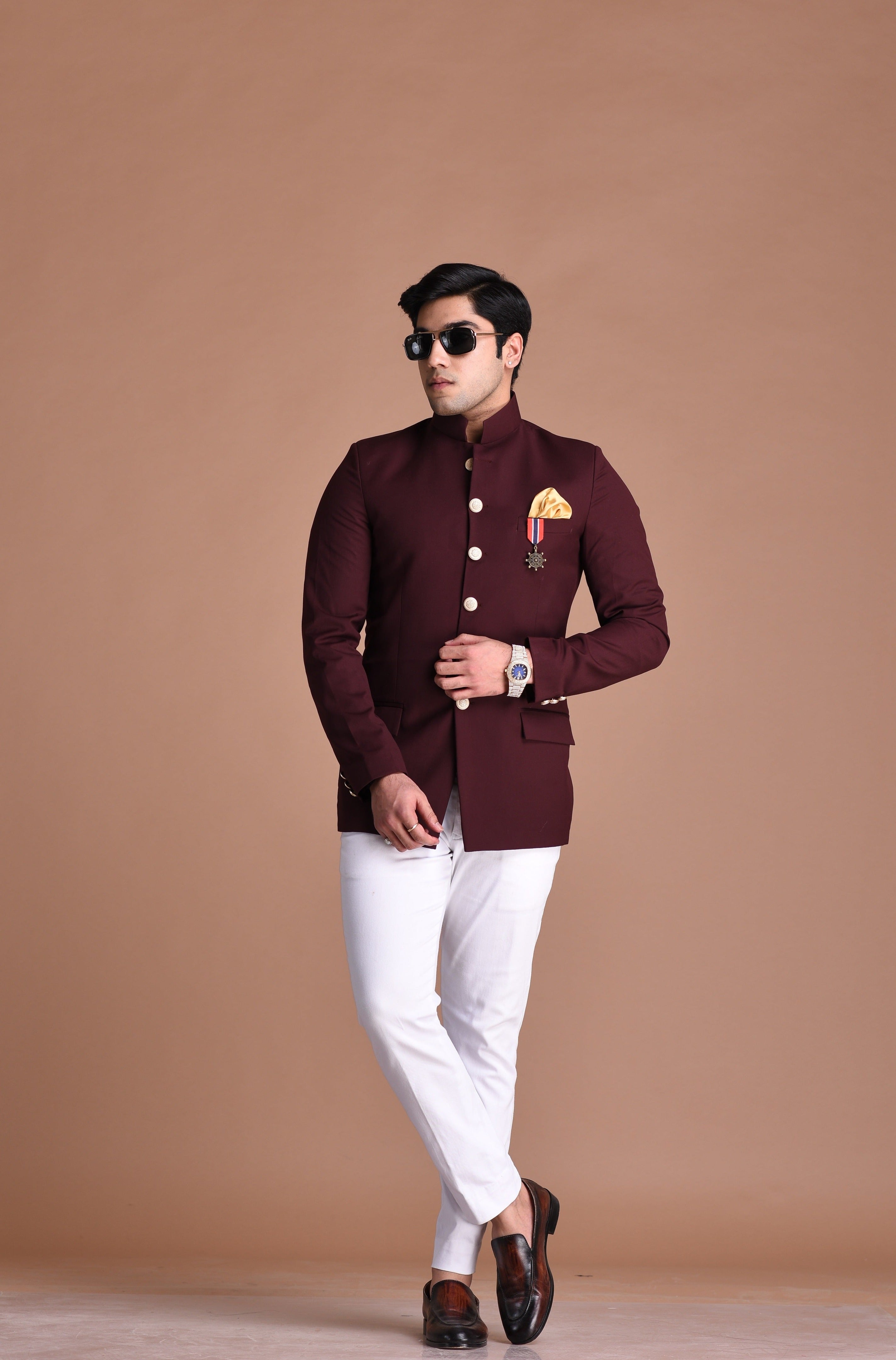 Elegant Wine Jodhpuri Bandhgala  with White Trouser| Partywear for Grooms and Friends | Wedding Functions | Open Lawn Party