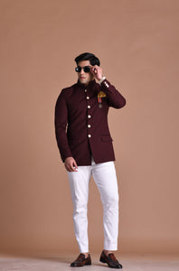 Elegant Wine Jodhpuri Bandhgala  with White Trouser| Partywear for Grooms and Friends | Wedding Functions | Open Lawn Party