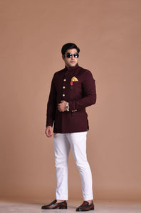 Elegant Wine Jodhpuri Bandhgala  with White Trouser| Partywear for Grooms and Friends | Wedding Functions | Open Lawn Party