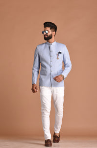 Alluring Cloud Blue Jodhpuri Bandhgala with White Trouser| Terry Rayon| Perfect for Formal Party Wear for Open and Daylight Functions | Youth Inspired