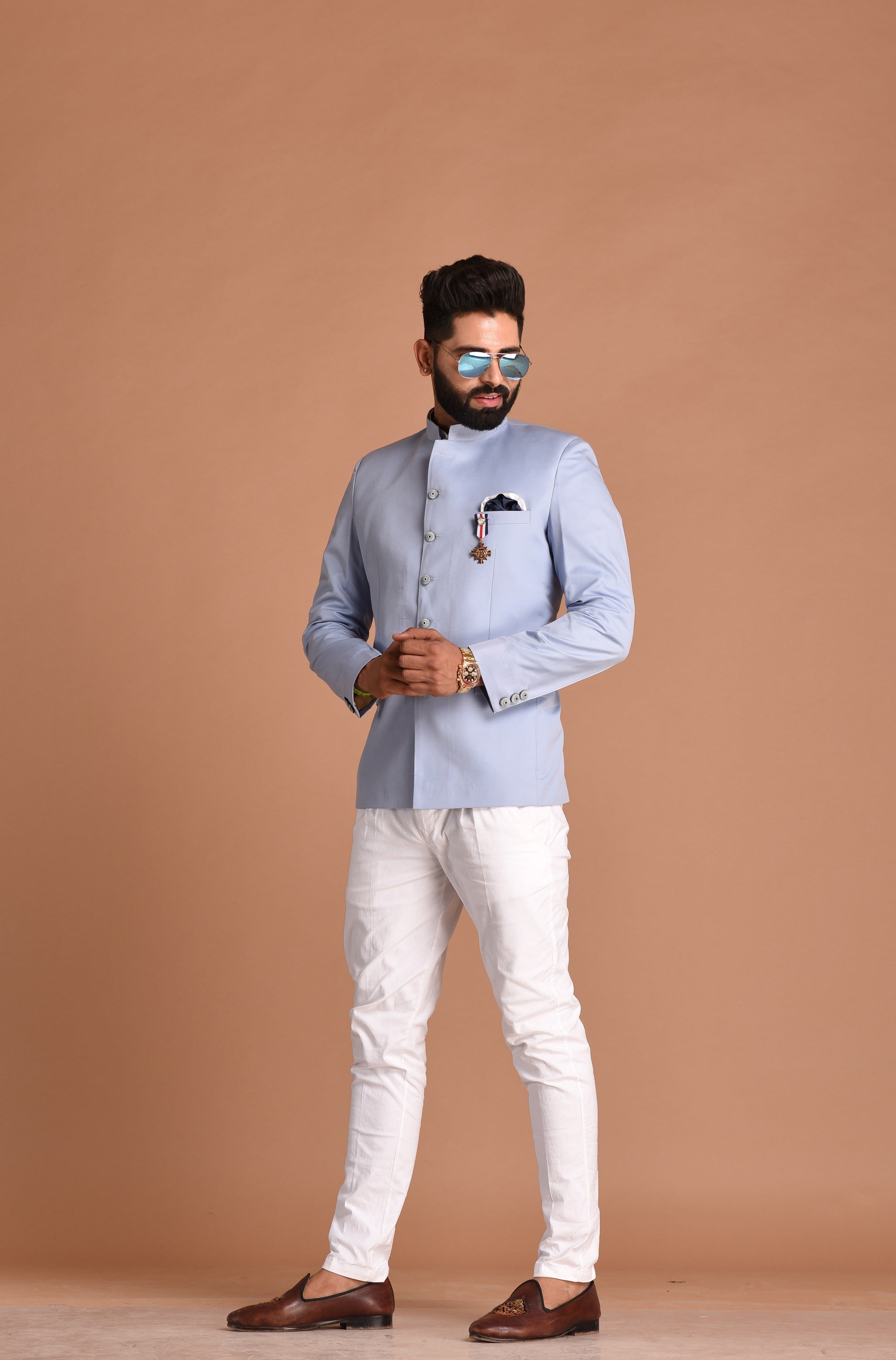 Alluring Cloud Blue Jodhpuri Bandhgala with White Trouser| Terry Rayon| Perfect for Formal Party Wear for Open and Daylight Functions | Youth Inspired