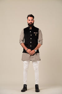 Exclusive Stylish Puff Pocket Black Velvet Nehru Modi Jacket with Grey Kurta Pajama | Bespoke Indian Traditional Wear | Festival Weddings