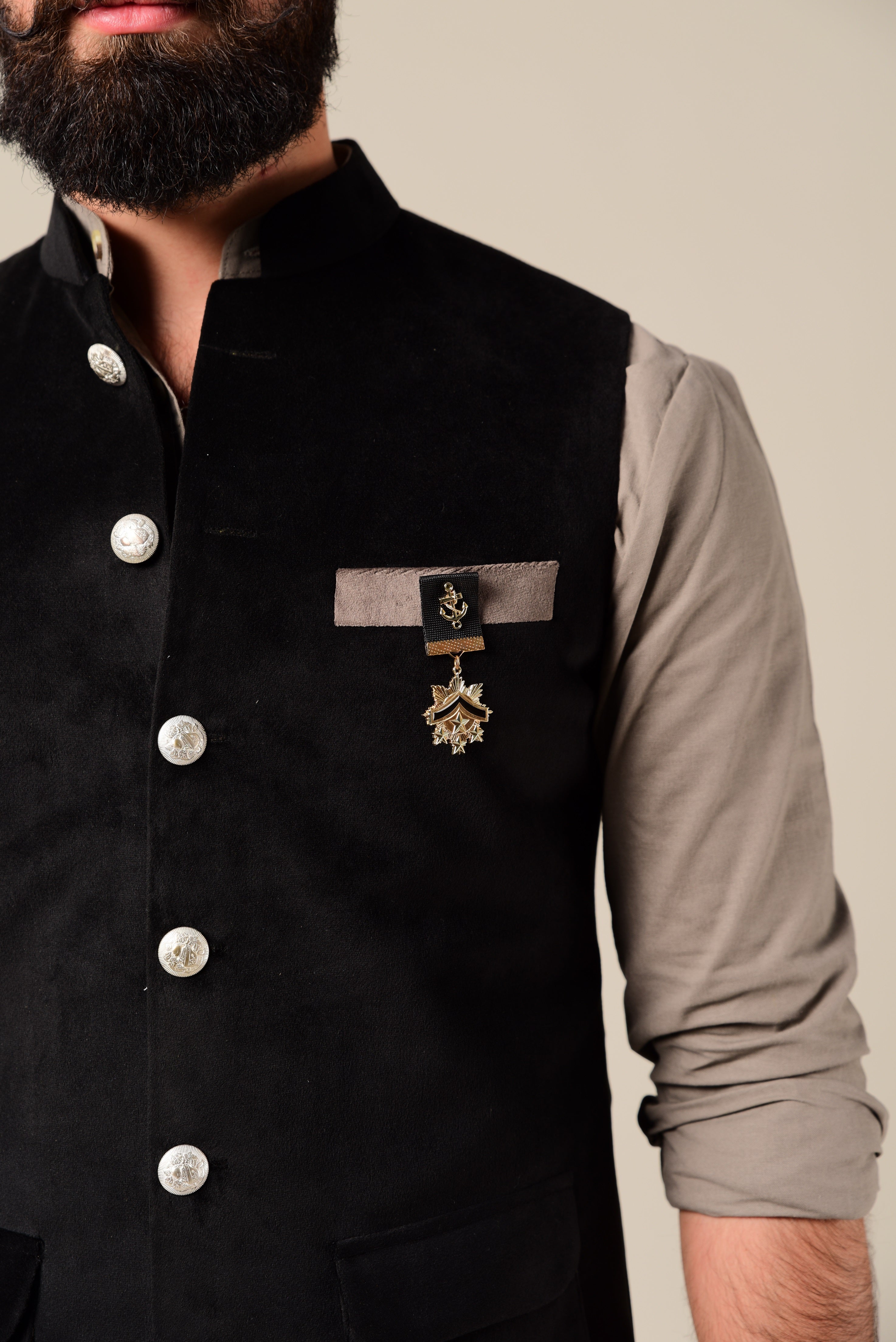 Exclusive Stylish Puff Pocket Black Velvet Nehru Modi Jacket with Grey Kurta Pajama | Bespoke Indian Traditional Wear | Festival Weddings