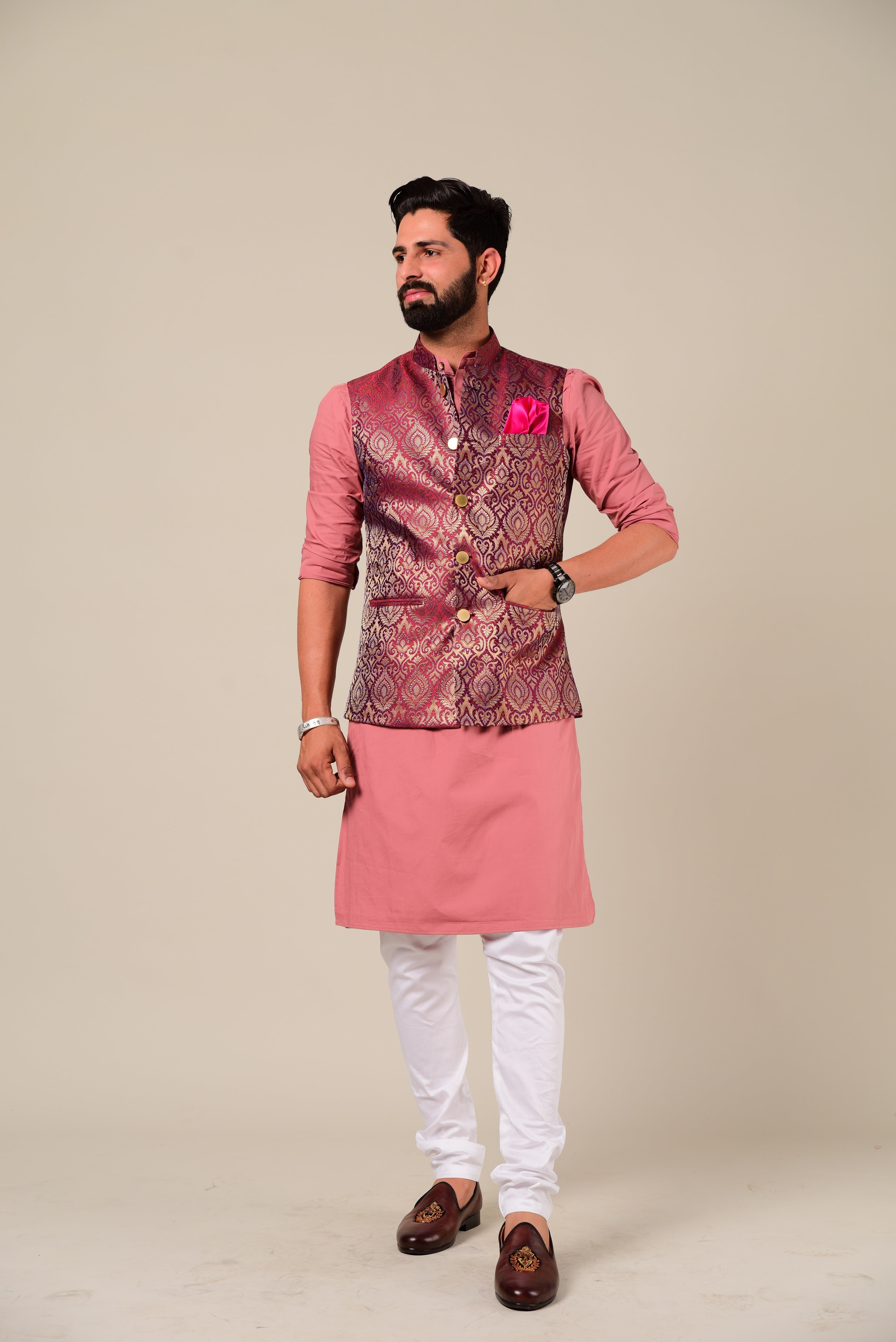 Traditional Rosewood Banarasi Brocade Half Jodhpuri Jacket with Kurta Pajama Set| Perfect for Festive wear, Functional wear| Diwali, Raksha Bandhan, Navratri|