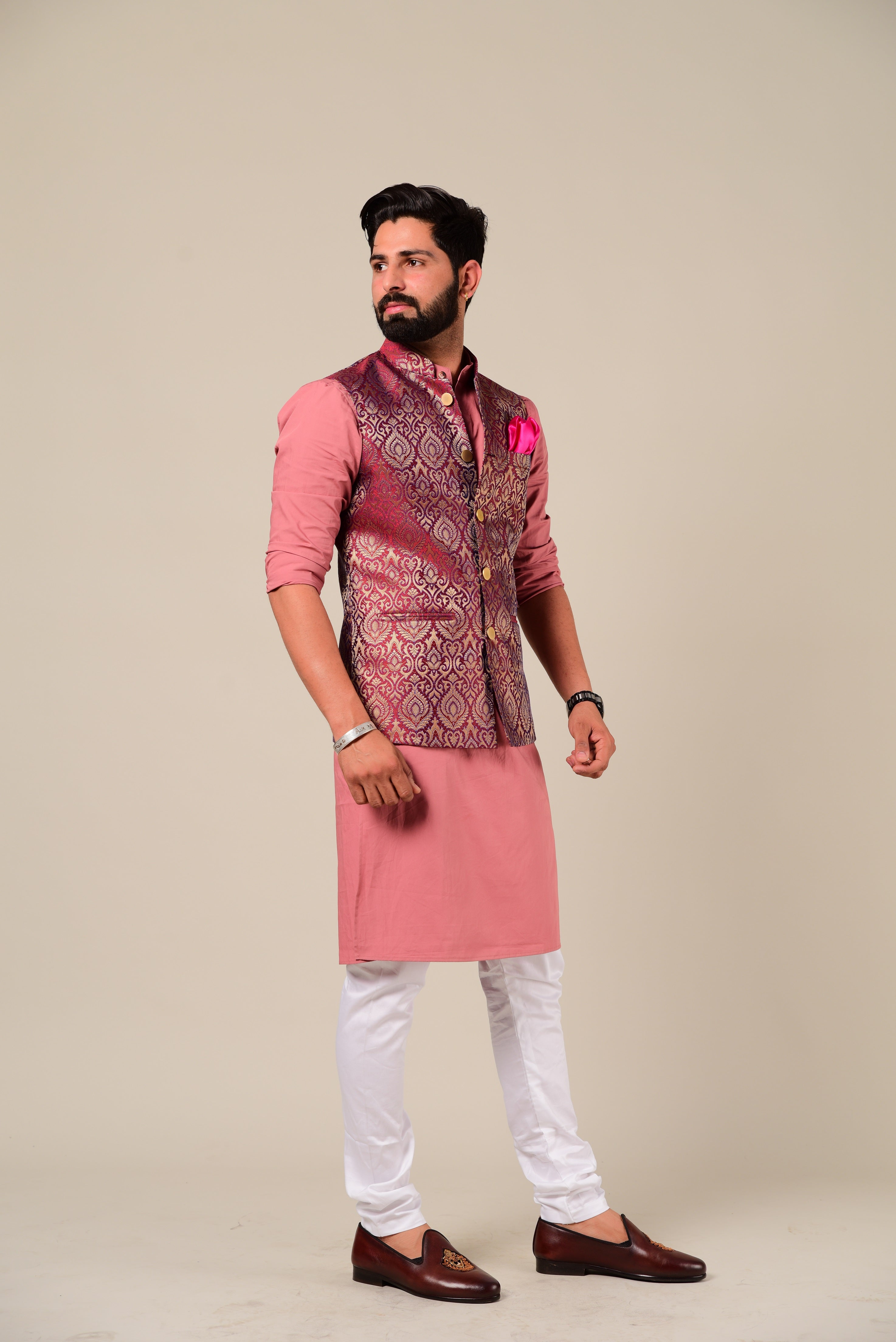 Traditional Rosewood Banarasi Brocade Half Jodhpuri Jacket with Kurta Pajama Set| Perfect for Festive wear, Functional wear| Diwali, Raksha Bandhan, Navratri|