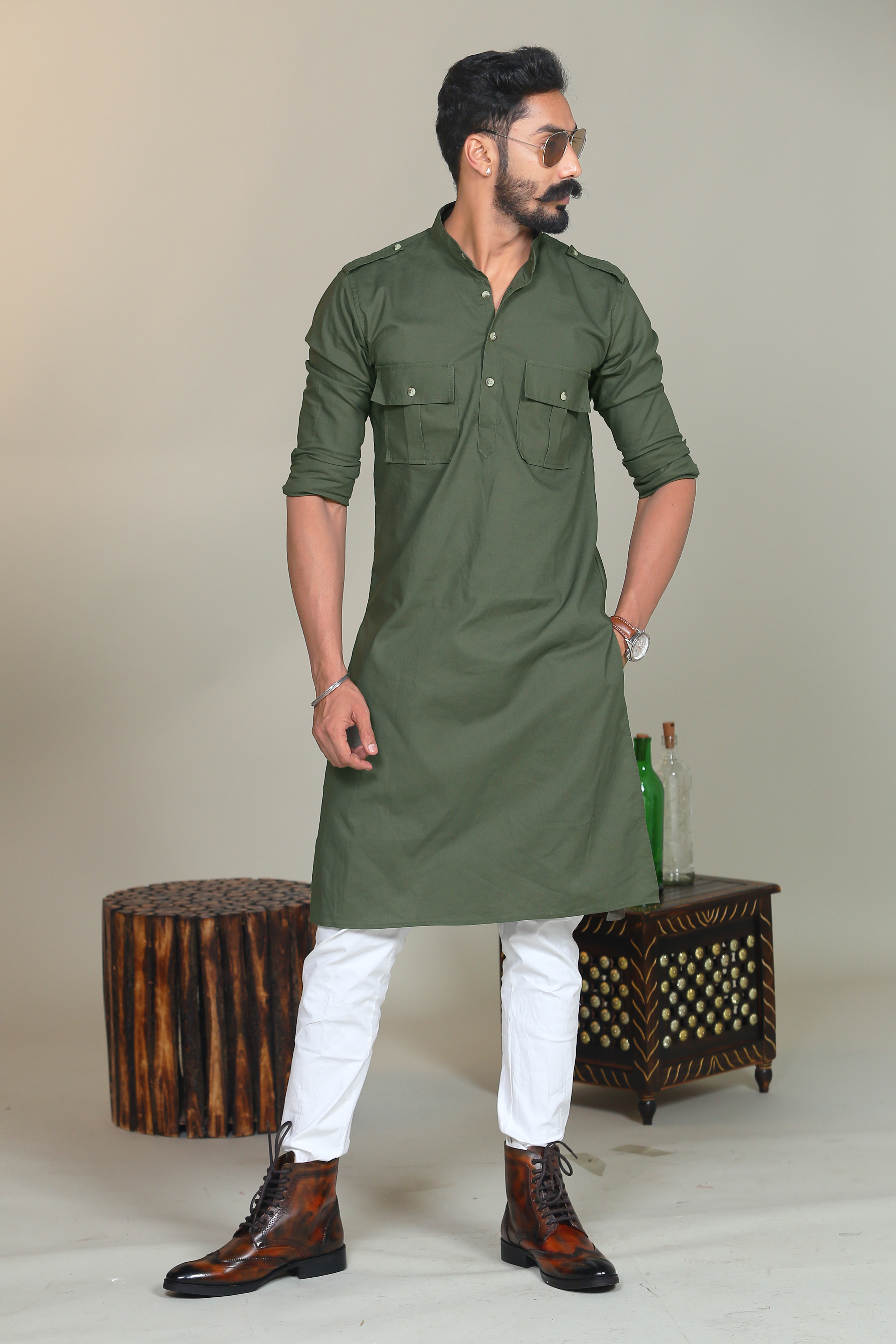 Rajputana Style Moss Green Hunting Kurta-Pajama Set| Best for Casual wear, Festive wear|