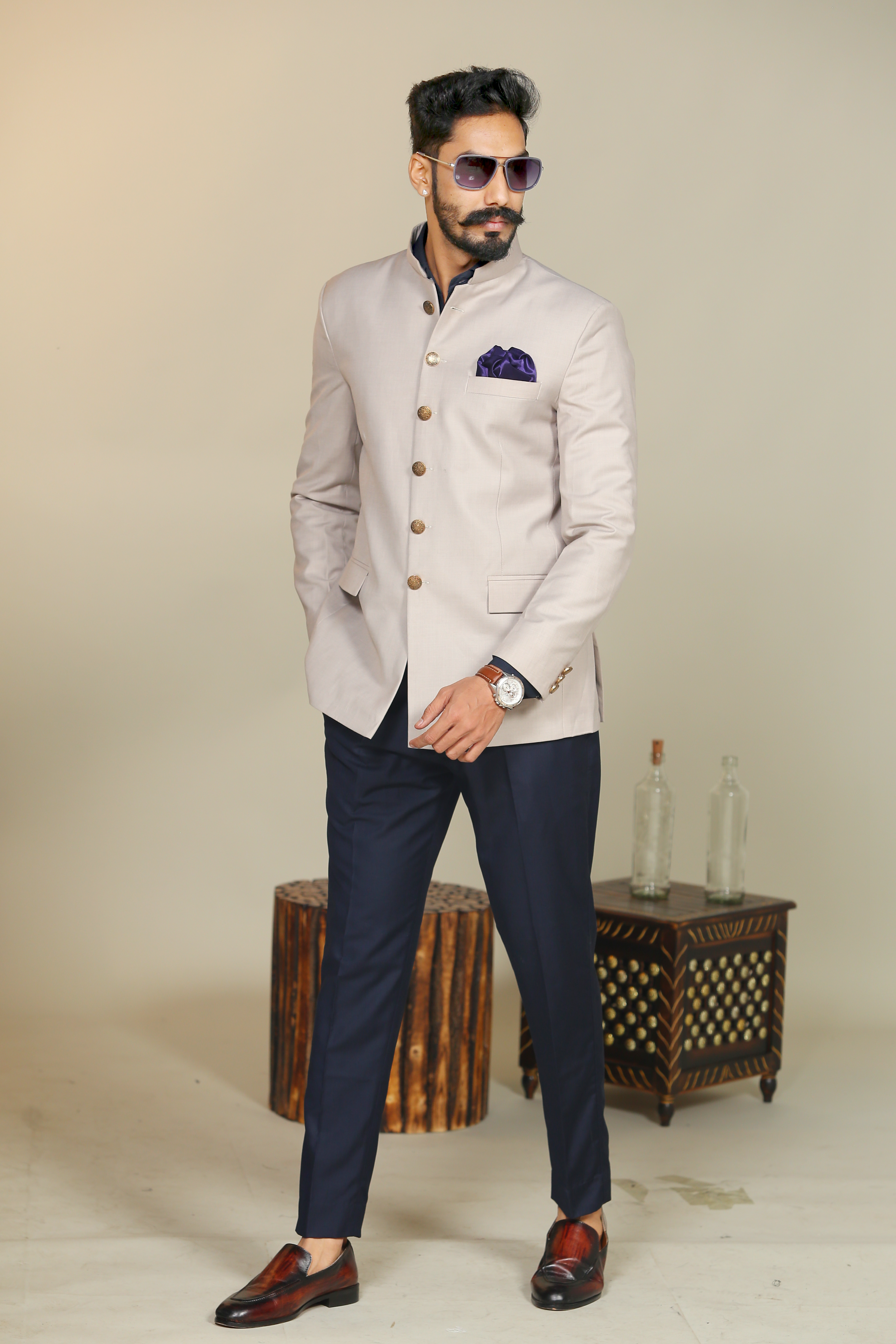 Light Grey Color Bandhgala With Navy Blue Trouser