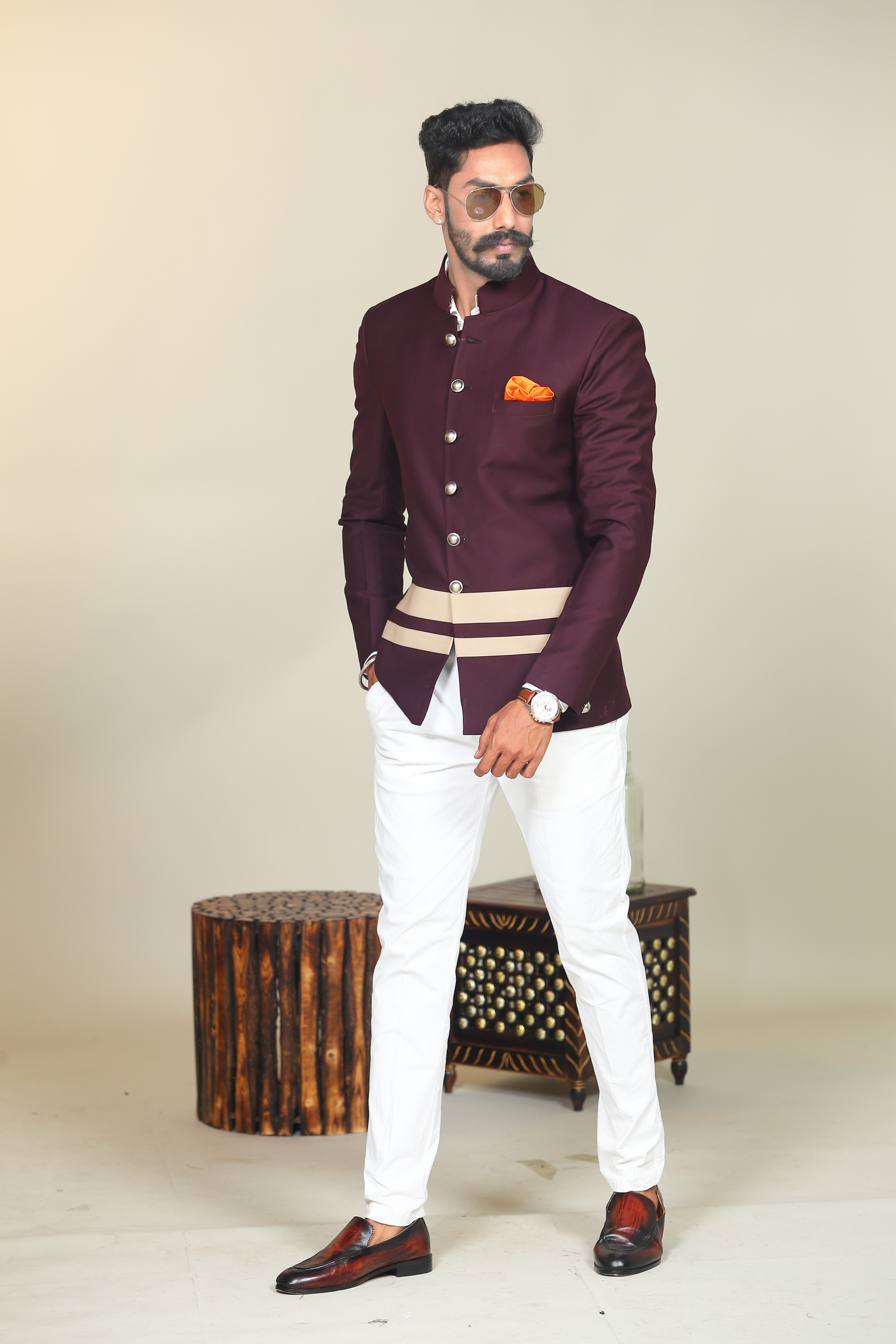 Elegant Wine Double Jodhpuri Bandhgala with Bottom Stripes Details | White Trouser | Perfect for Wedding wear, Functional wear|