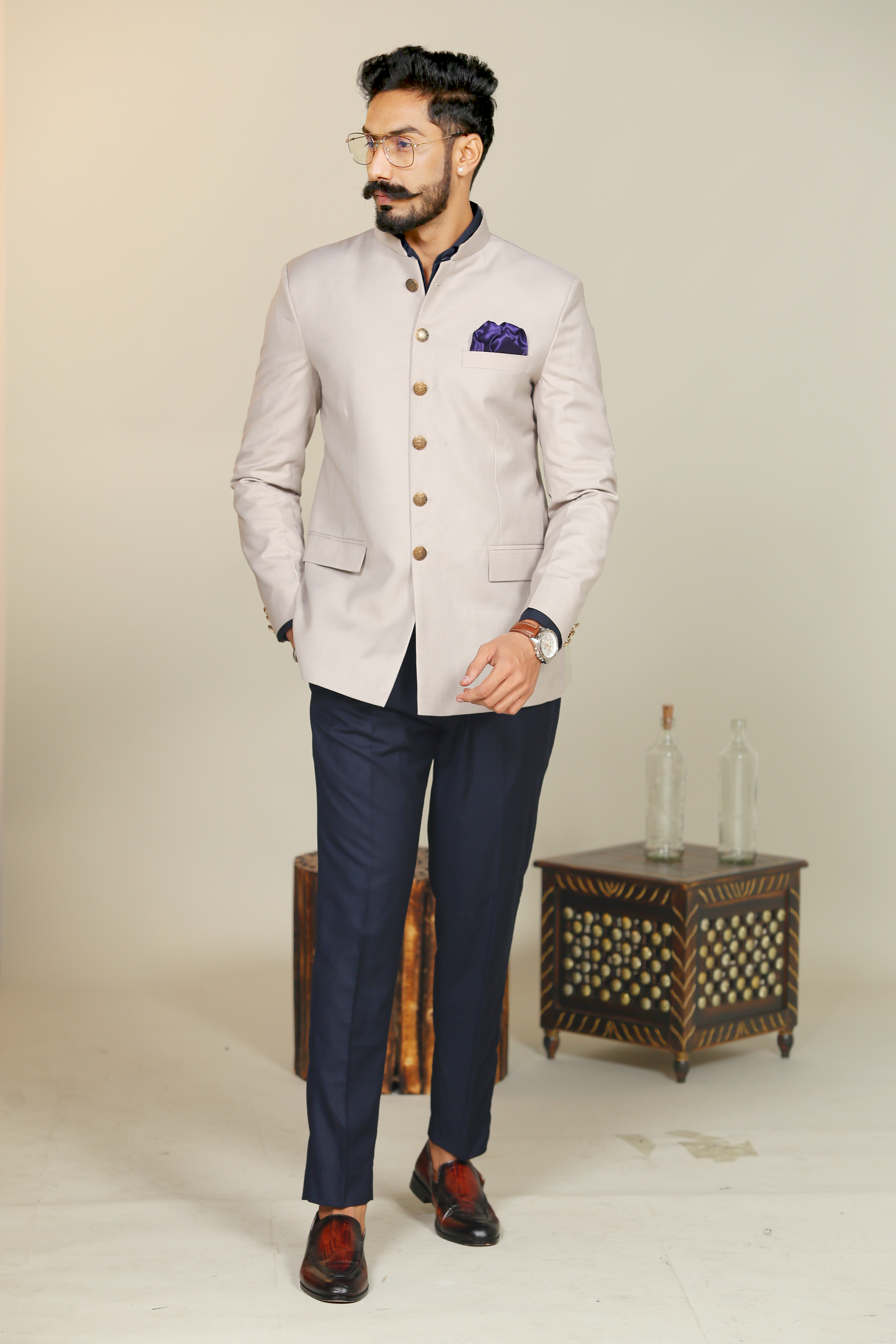 Light Grey Color Bandhgala With Navy Blue Trouser