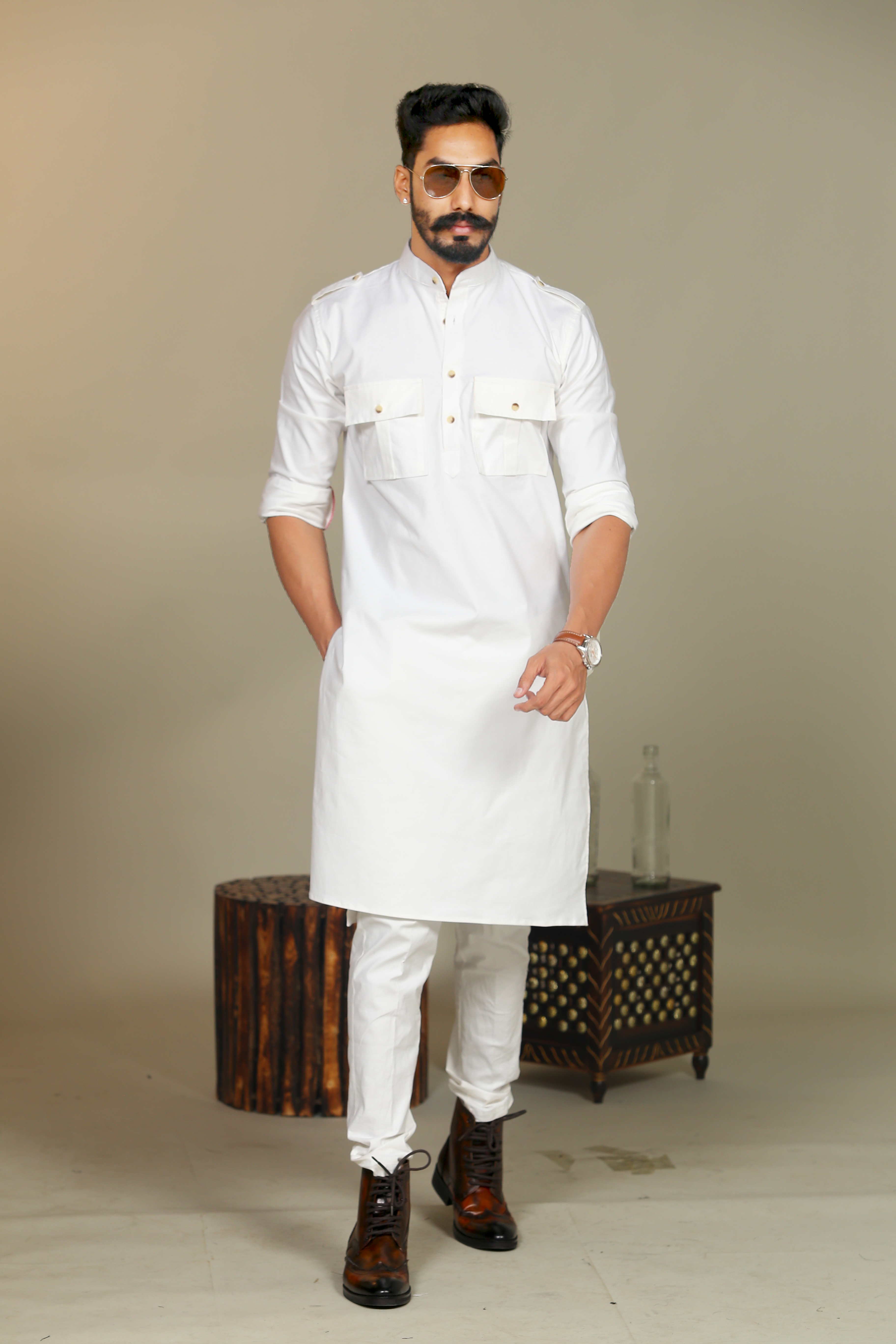 Rajputana Style White Hunting Kurta Pajama Set Perfect for Diwali and Navrati Functions