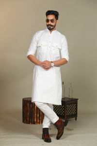 Rajputana Style White Hunting Kurta-Pajama Set | Perfect for Diwali and Navrati Functions|